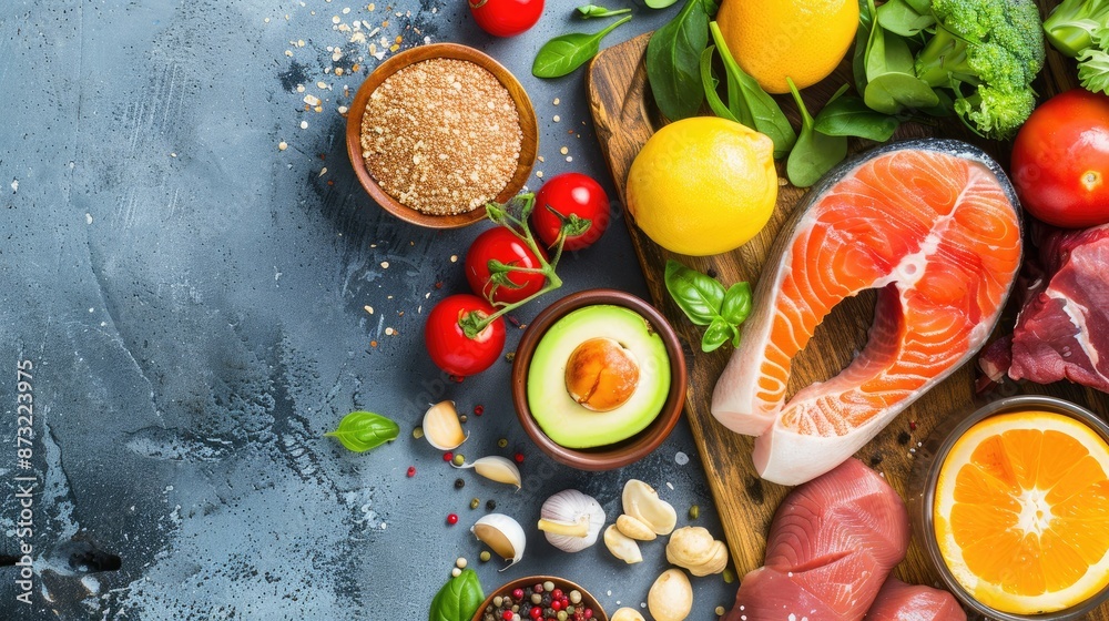 Ketogenic diet concept demonstrated with food on a bright surface Ketogenic diet concept demonstrated with food on a bright surface