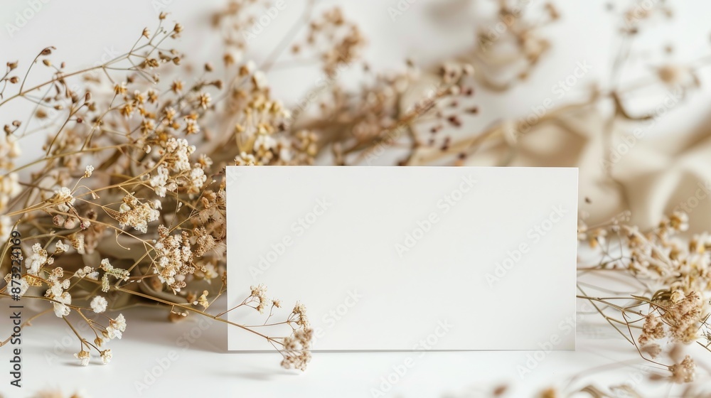 Mockup of business card or invitation with close up of dried flower arrangement Mockup of business card or invitation with close up of dried flower arrangement