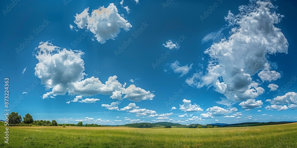 wide panoramic view of a clear blue sky scattered with fluffy white clouds over an open landscape. The image captures the vastness and tranquility of the natural setting under the bright sunshine wide panoramic view of a clear blue sky scattered with fluffy white clouds over an open landscape. The image captures the vastness and tranquility of the natural setting under the bright sunshine