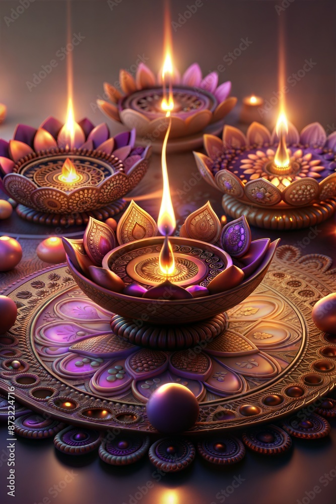 Many traditional indian oil lamps are floating on water surrounded by purple lotus flowers to celebrate diwali, the festival of lights Many traditional indian oil lamps are floating on water surrounded by purple lotus flowers to celebrate diwali, the festival of lights