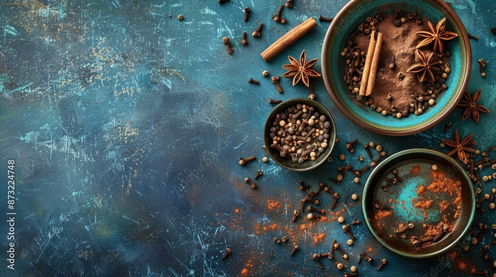 Frame mockup with space for text in turquoise cozy home theme with cloves and cinnamon High quality image Frame mockup with space for text in turquoise cozy home theme with cloves and cinnamon High quality image