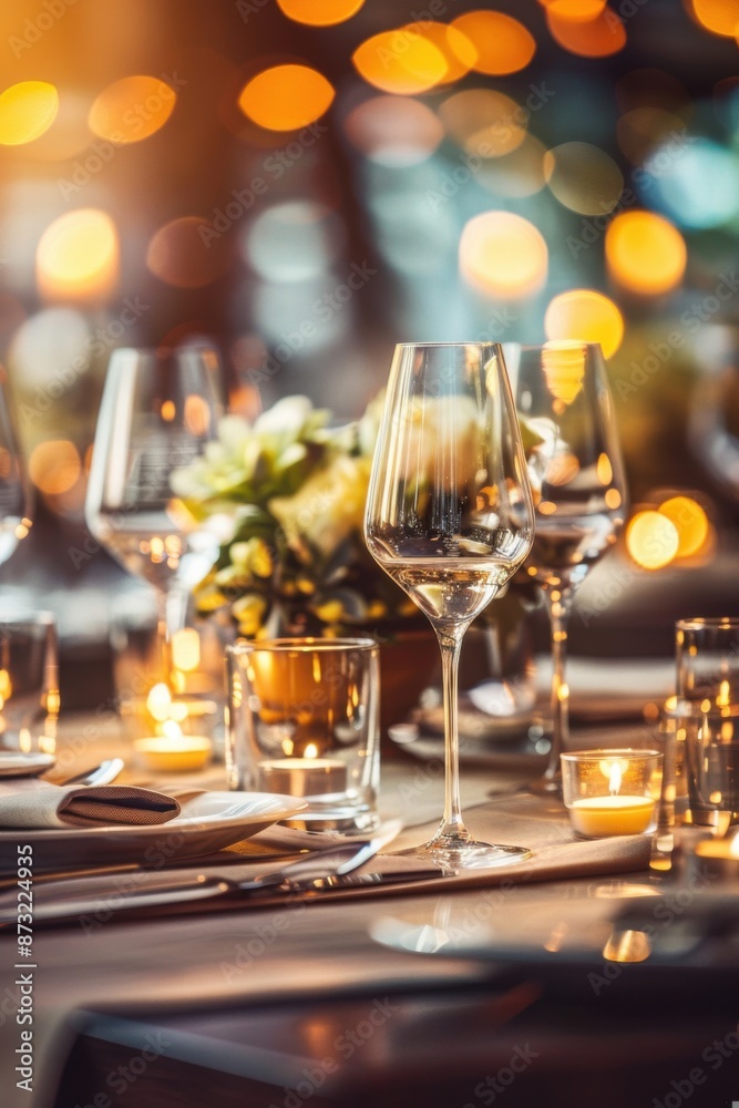 Elegant Dinner Table Setting with Crystal Glassware and Candlelight Ambiance Elegant Dinner Table Setting with Crystal Glassware and Candlelight Ambiance