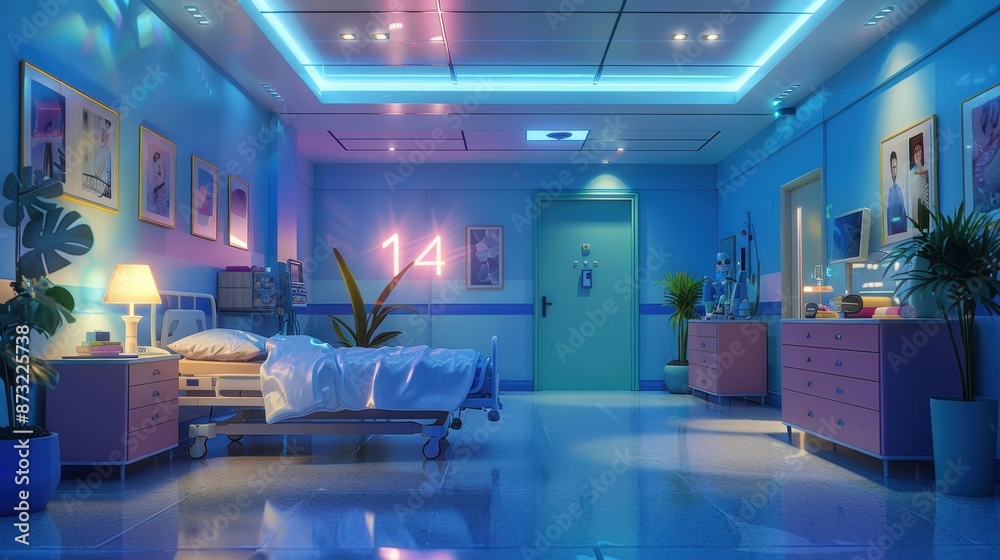 Room number 14 in a hospital, decorated with personal mementos, illustration background Room number 14 in a hospital, decorated with personal mementos, illustration background