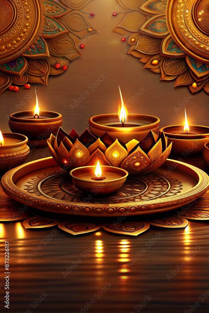 Golden diya lamps burning brightly on a decorative tray, casting a warm glow for diwali celebration in india. Perfect for festive designs capturing the essence of hope and happiness Golden diya lamps burning brightly on a decorative tray, casting a warm glow for diwali celebration in india. Perfect for festive designs capturing the essence of hope and happiness