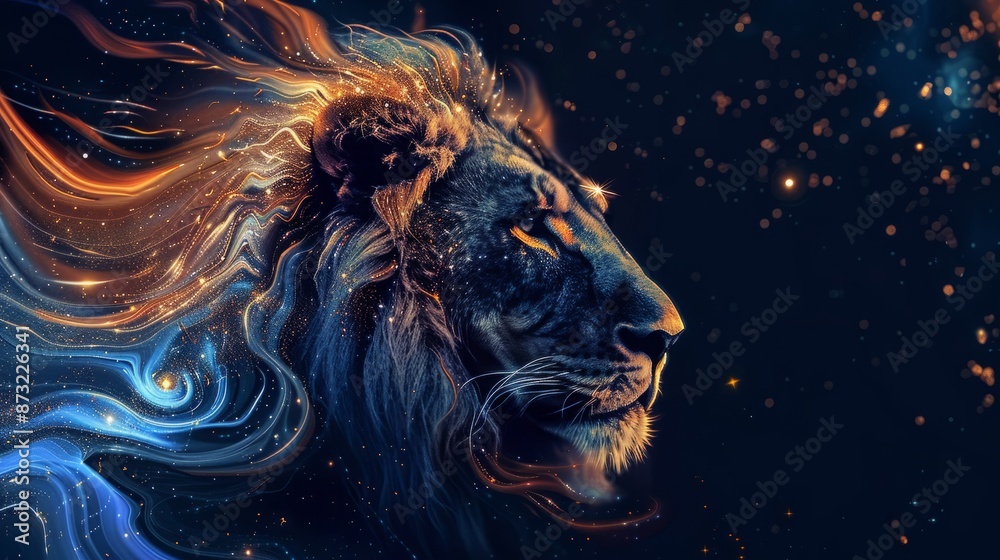 Naklejka premium lion layered with galaxy