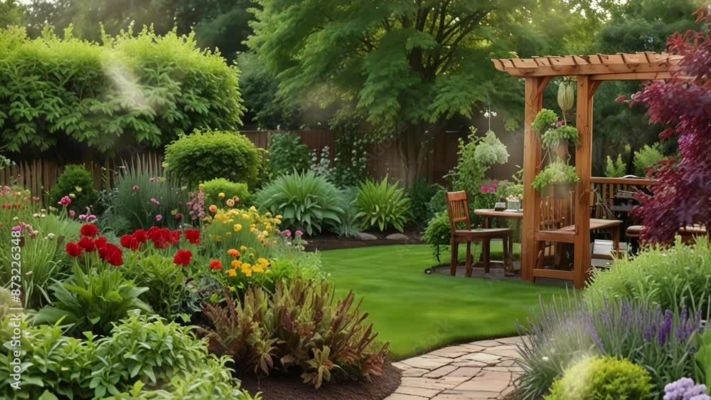 backyard atmosphere with a beautiful small garden, seamless looping 4k video animation background backyard atmosphere with a beautiful small garden, seamless looping 4k video animation background