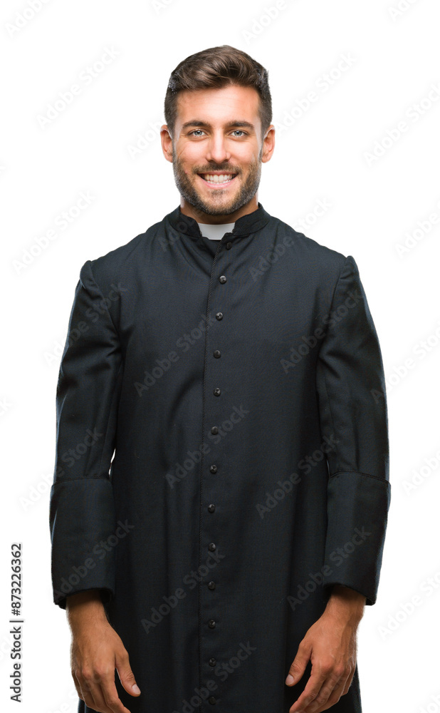 Young catholic christian priest man over isolated background with a happy and cool smile on face. Lucky person.