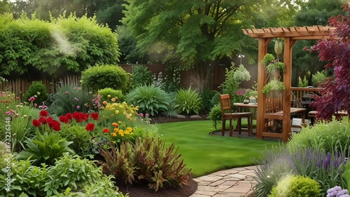 backyard atmosphere with a beautiful small garden, seamless looping 4k video animation background