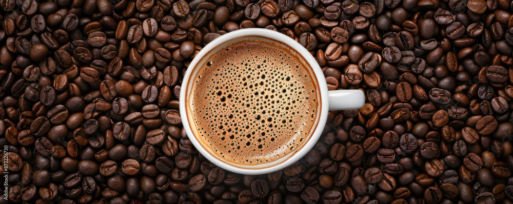 Naklejka premium Cup of freshly brewed coffee placed on a bed of roasted coffee beans, highlighting the rich aroma and flavor of the beverage.