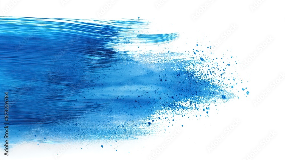 Dynamic blue brushstroke on a white background with paint splatters