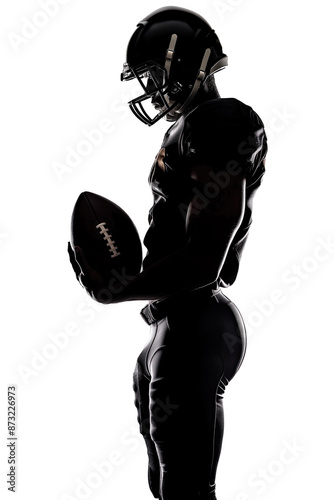 Silhouette of a football player holding a ball, dressed in black uniform, against a white background. photo