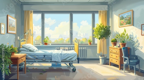 Hospital room decorated with personal mementos, creating a homely feel, illustration background photo