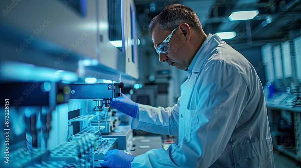 Scientist in a lab coat adjusting settings on a high-resolution DNA sequencing machine Scientist in a lab coat adjusting settings on a high-resolution DNA sequencing machine