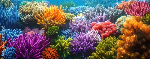 Vibrant and Intricate Coral Reef Teeming with Diverse Marine Life in Hyper Digital Render © Thanaphon
