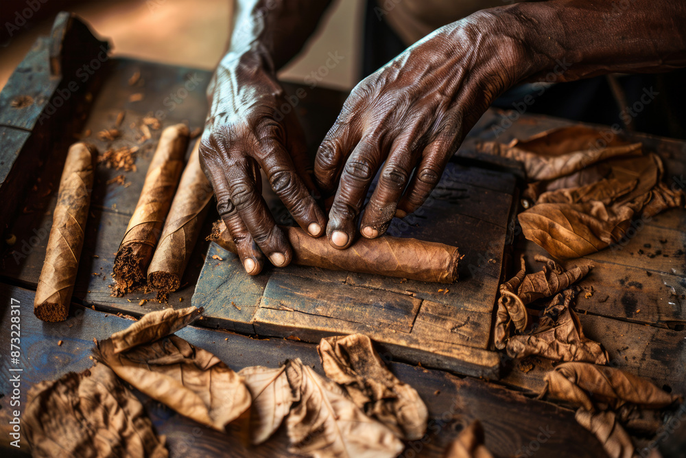 Old hands roll an expensive cigar Old hands roll an expensive cigar