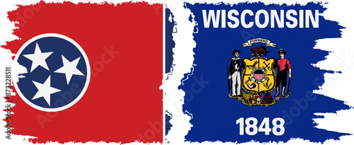 Wisconsin and Tennessee states grunge brush flags connection vector