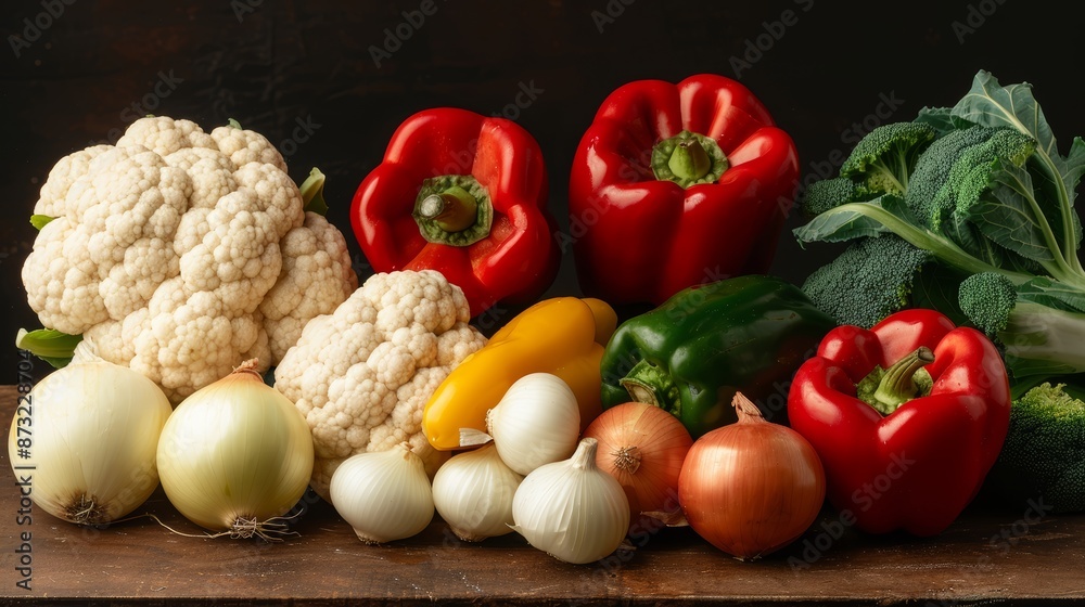 A beautifully organized selection of vegetables including onions, peppers, and cauliflower on a rustic table A beautifully organized selection of vegetables including onions, peppers, and cauliflower on a rustic table