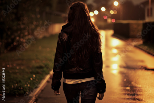 A girl walks alone on a night street, in danger