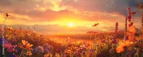 Beautiful sunset over a colorful wildflower meadow, capturing the serene beauty of nature with vibrant hues and a peaceful atmosphere.