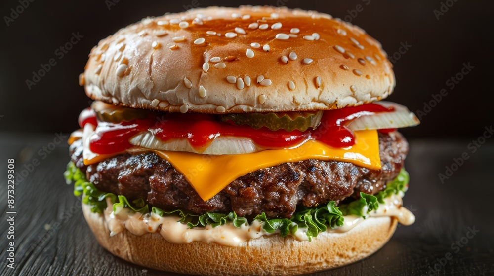 Cheeseburger impact shot, condiments in motion, dark dramatic setting, high-contrast lighting, focus cover all object, deep dept of field Cheeseburger impact shot, condiments in motion, dark dramatic setting, high-contrast lighting, focus cover all object, deep dept of field