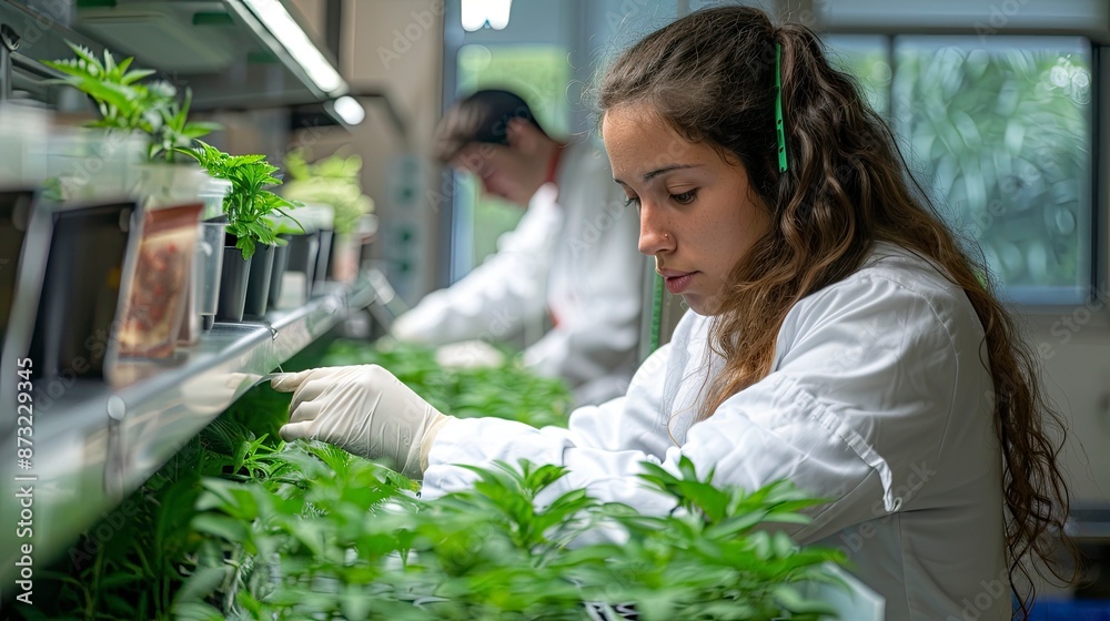 Laboratory setup with researchers culturing plant cells for sustainable agricultural biotechnology Laboratory setup with researchers culturing plant cells for sustainable agricultural biotechnology