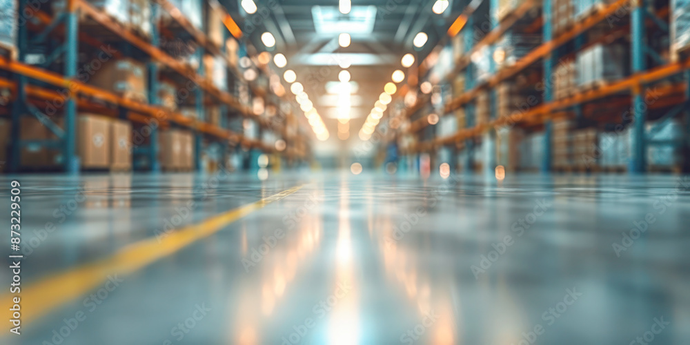 Blurred warehouse interior with rows of shelves filled with boxes and products, showcasing an industrial and storage environment. Product mock-up. Blurred warehouse interior with rows of shelves filled with boxes and products, showcasing an industrial and storage environment. Product mock-up.