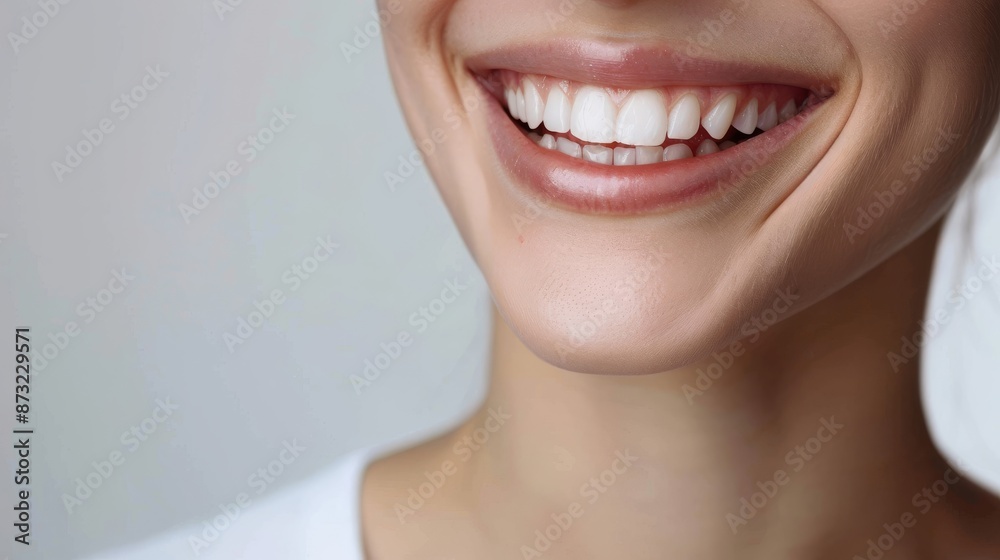 Close-up of a smiling woman with perfect white teeth, representing joy and dental health in a positive and natural way.