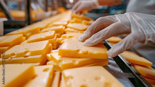 Close-up of a factory worker's hands wearing gloves sorting slices of cheese on a conveyor belt in a food processing plant.