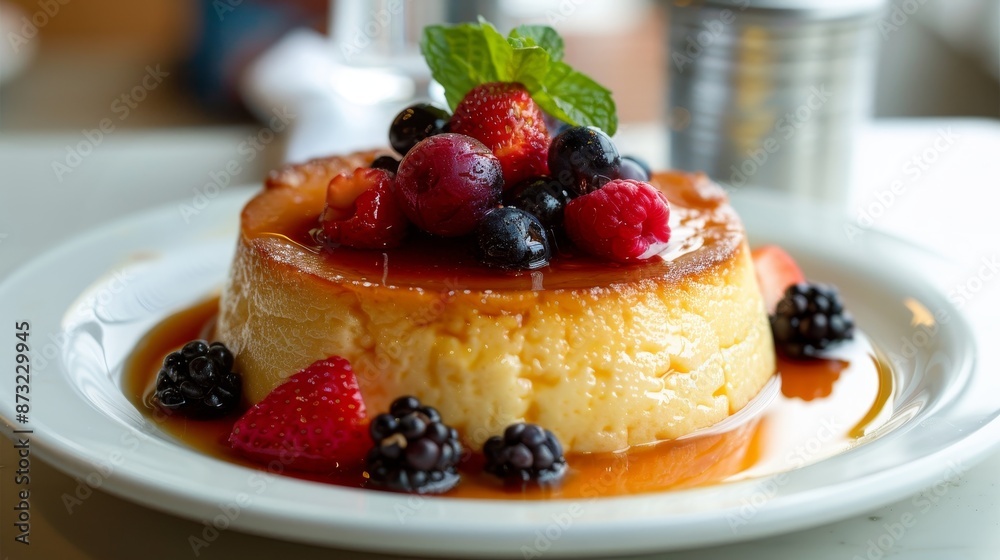 Delicious creamy flan topped with fresh berries, mint garnish, and set on a white plate. Perfect dessert for any occasion. Delicious creamy flan topped with fresh berries, mint garnish, and set on a white plate. Perfect dessert for any occasion.