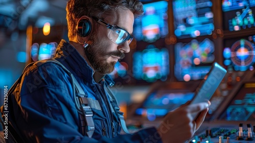 Engineer working in a high-tech control room, using a tablet to monitor systems and ensure efficient operation. Focus on technology and precision.