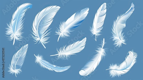 A collection of realistic flying vector white goose or chicken feathers in different shapes. Filler made of ecological feathers for jackets, pillows, and blankets.