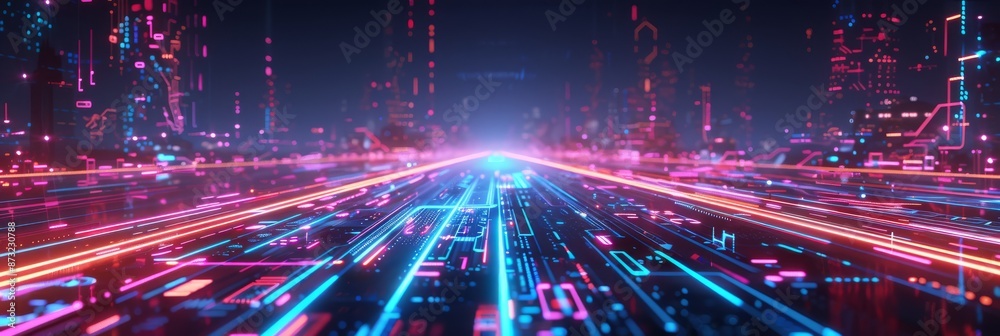 Obraz premium Futuristic neon-lit cityscape with vibrant light trails and digital elements, depicting a technological and cyberpunk themed urban environment.