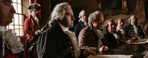 Historical reenactment of a late 18th-century gathering with men in colonial attire, possibly depicting a significant event or discussion.