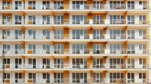 The facade of a contemporary urban apartment building in Krasnaya Polyana, Sochi, Krasnodar Krai, Russia, features a row of windows and multiple balconies. © Zahid