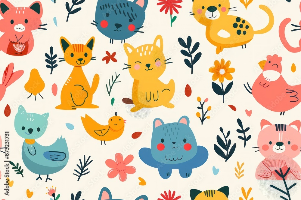 Obraz premium Seamless illustration of cute animal prints featuring colorful cartoon-style cats, dogs, and birds on a light background. Each animal is depicted in a playful manner with soft, rounded shapes and
