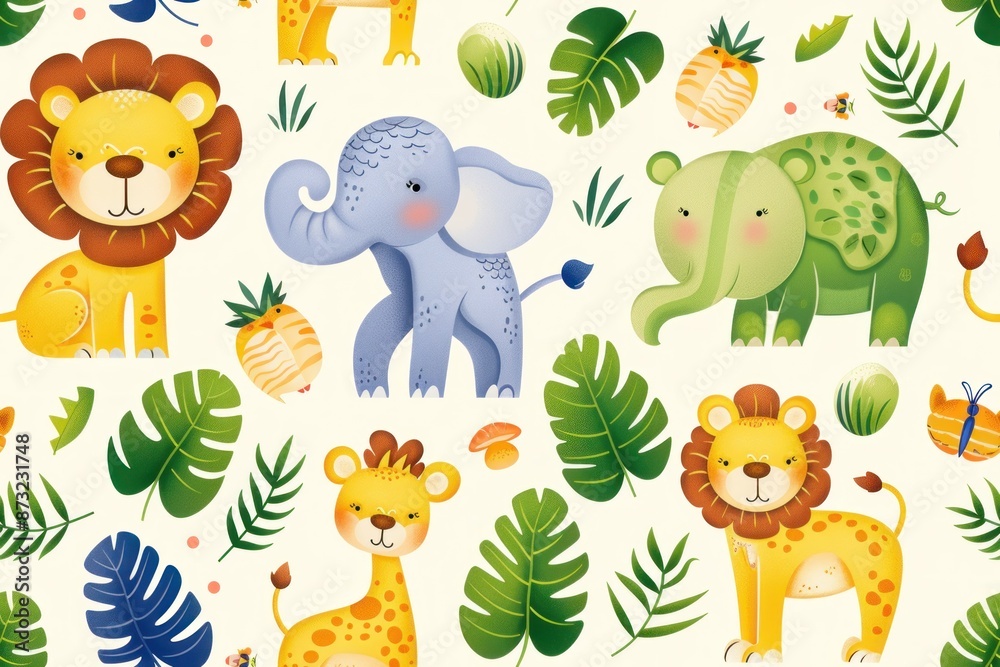 Naklejka premium A fun and lively 2D illustration of various jungle animals including lions, elephants, and monkeys. The cartoon-style animals are spread evenly across the background, creating a seamless pattern