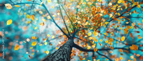 Stunning view looking up through colorful autumn leaves from the base of a tree with a vibrant blue sky in the background. photo