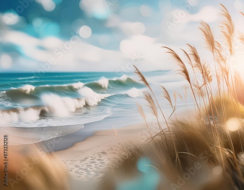 The painting depicts a tranquil beach scene with waves gently crashing, tall grass in the foreground, and a serene natural landscape