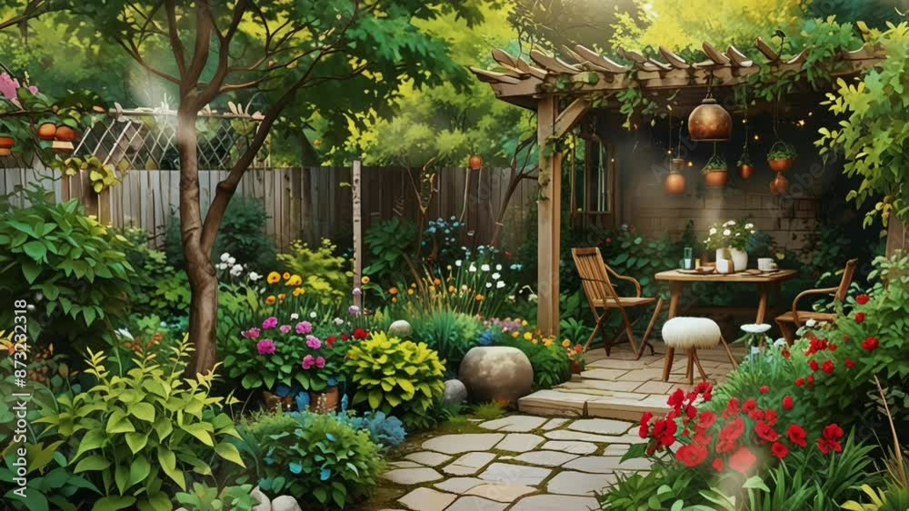 backyard atmosphere with a beautiful small garden, seamless looping 4k video animation background backyard atmosphere with a beautiful small garden, seamless looping 4k video animation background