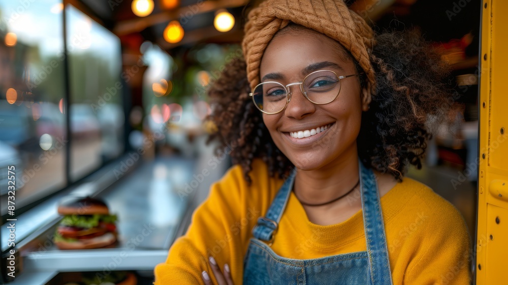 Smiling woman with glasses and headband in a food truck, wearing a yellow sweater and denim apron, ready to serve customers. Smiling woman with glasses and headband in a food truck, wearing a yellow sweater and denim apron, ready to serve customers.