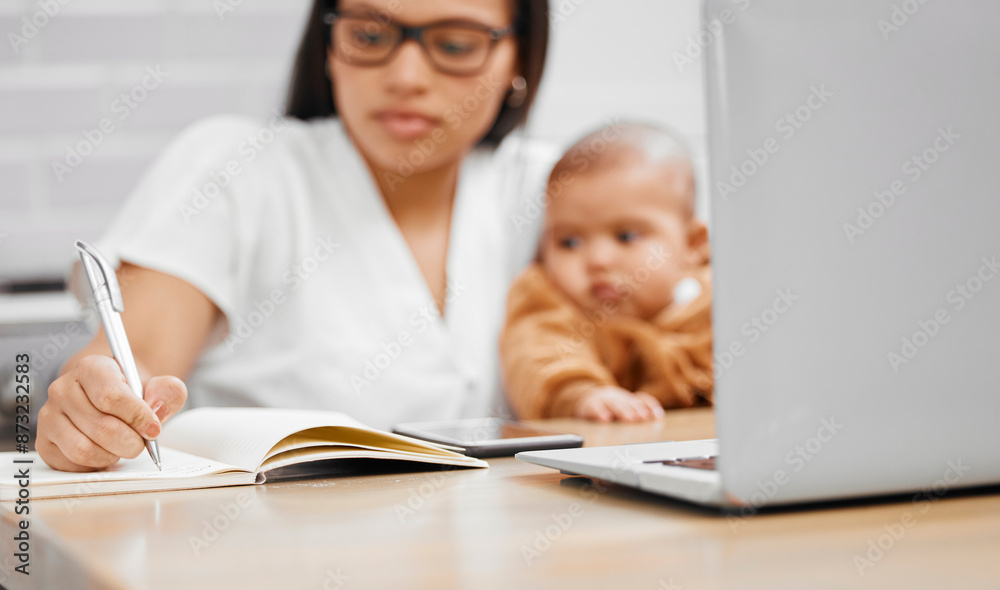 Laptop, writing and baby with mom, remote work and child care in freelance career in home office. Distraction, notebook or busy mother with infant, to do list and ideas for online job in family house Laptop, writing and baby with mom, remote work and child care in freelance career in home office. Distraction, notebook or busy mother with infant, to do list and ideas for online job in family house