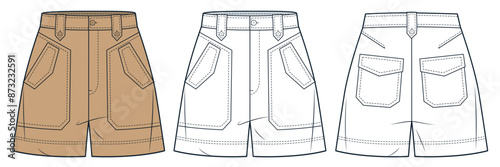 Short Pants technical fashion illustration. High waisted Shorts fashion flat technical drawing template, pockets, front and back view, white, camel brown, women, men, unisex CAD mockup set.