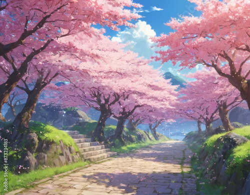 Cherry Blossom Trees in Full Bloom landscape anime style