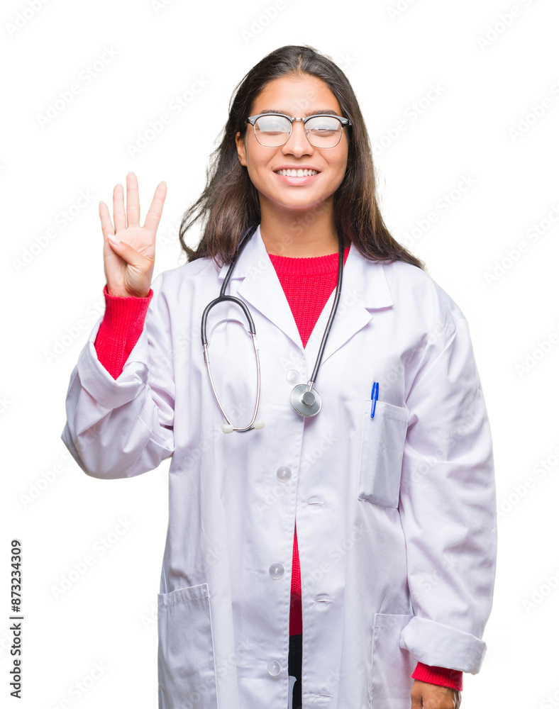 Young arab doctor woman over isolated background showing and pointing up with fingers number four while smiling confident and happy. Young arab doctor woman over isolated background showing and pointing up with fingers number four while smiling confident and happy.