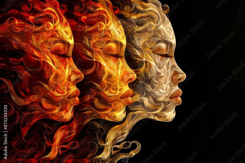 Fiery abstract illustration of multiple faces blending into flames, set against a dark background