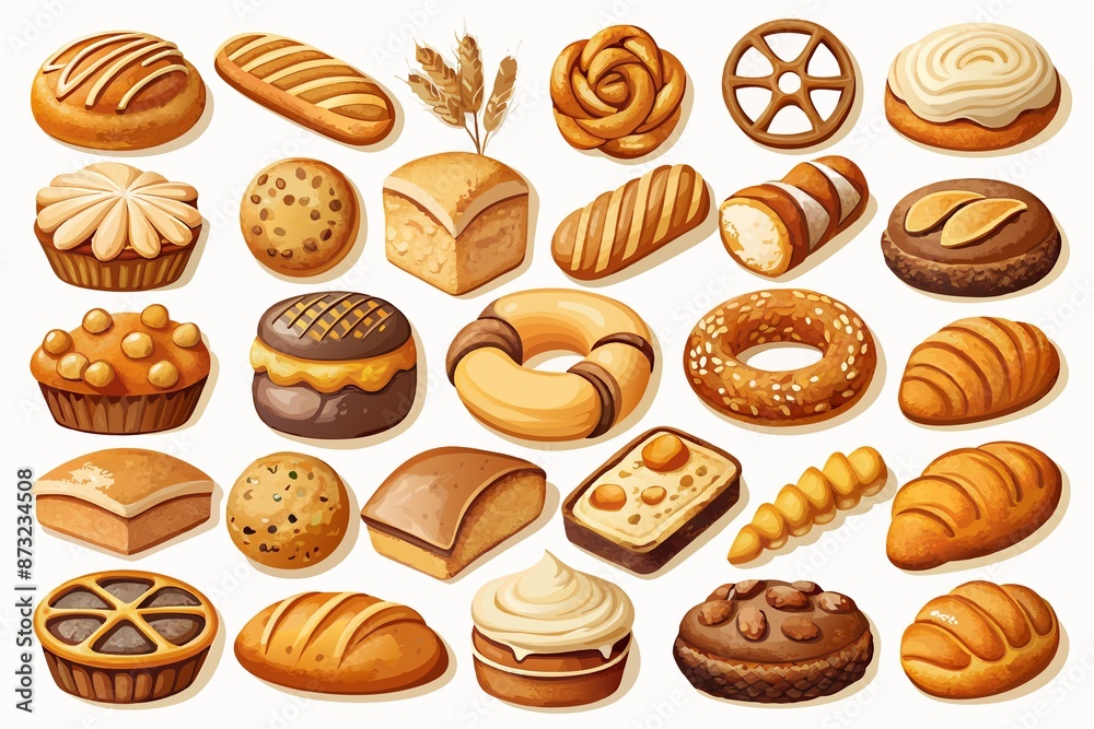 a set of freshly baked and cooked baked goods on a white background a set of freshly baked and cooked baked goods on a white background