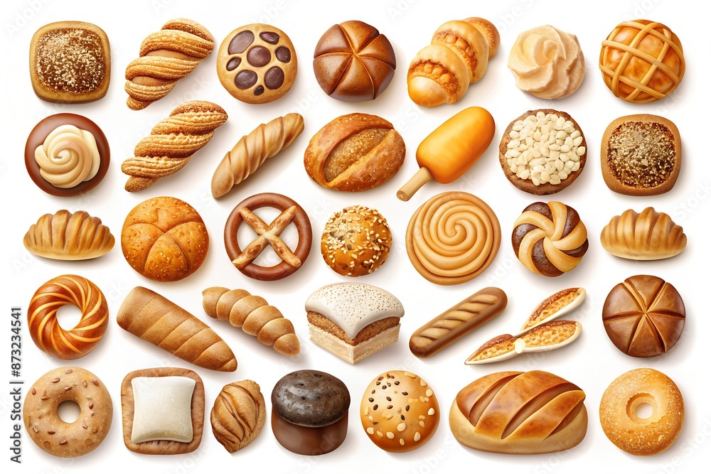 a set of freshly baked and cooked baked goods on a white background
