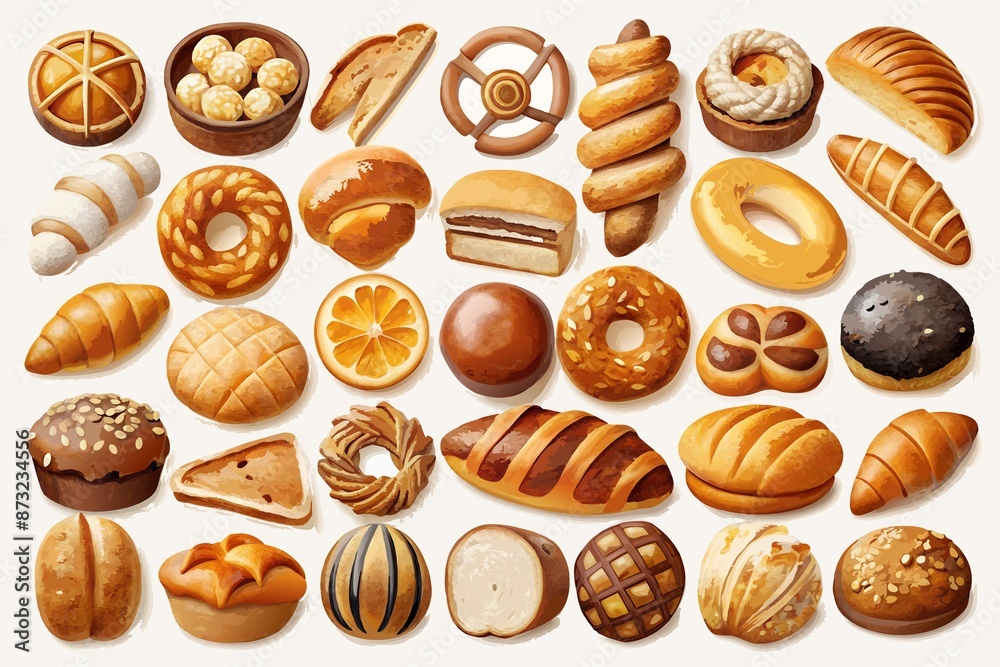 a set of freshly baked and cooked baked goods on a white background