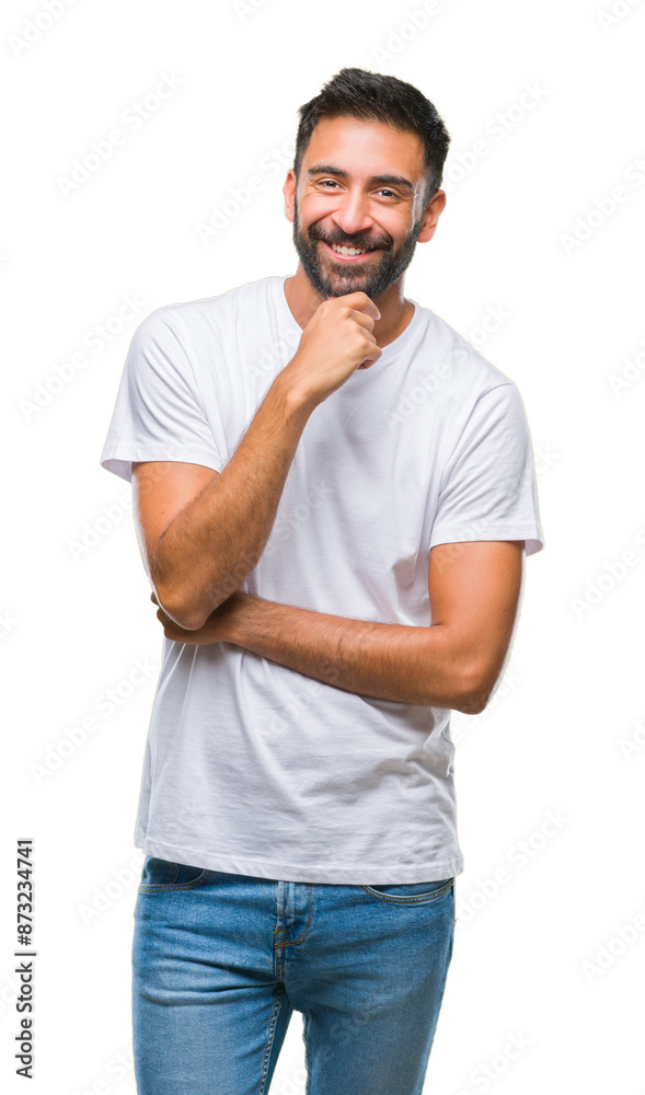 Adult hispanic man over isolated background looking confident at the camera with smile with crossed arms and hand raised on chin. Thinking positive. Adult hispanic man over isolated background looking confident at the camera with smile with crossed arms and hand raised on chin. Thinking positive.