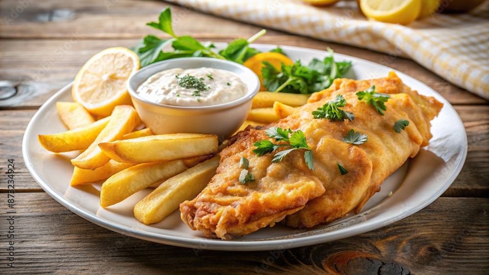 Freshly cooked golden battered fish and crispy chips served with tangy tartar sauce and citrusy lemon wedges on white. Freshly cooked golden battered fish and crispy chips served with tangy tartar sauce and citrusy lemon wedges on white.
